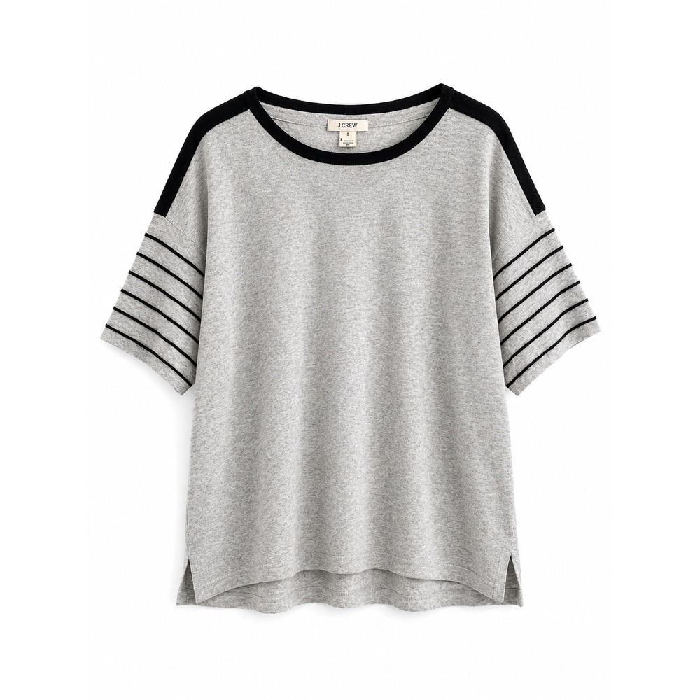 J.Crew Women XL Gray Merino Wool Blend Striped Short Sleeve Sweater Boxy Relaxed